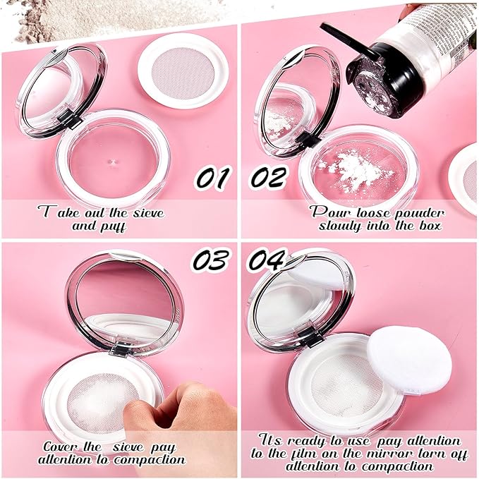 Cunhill 2 Pcs Loose Powder Container with Puff 0.17/0.7 oz Reusable Plastic Empty Case Portable DIY Makeup Powder Container Compact Case with Mirror and Net Sifter(Silver,Marble)