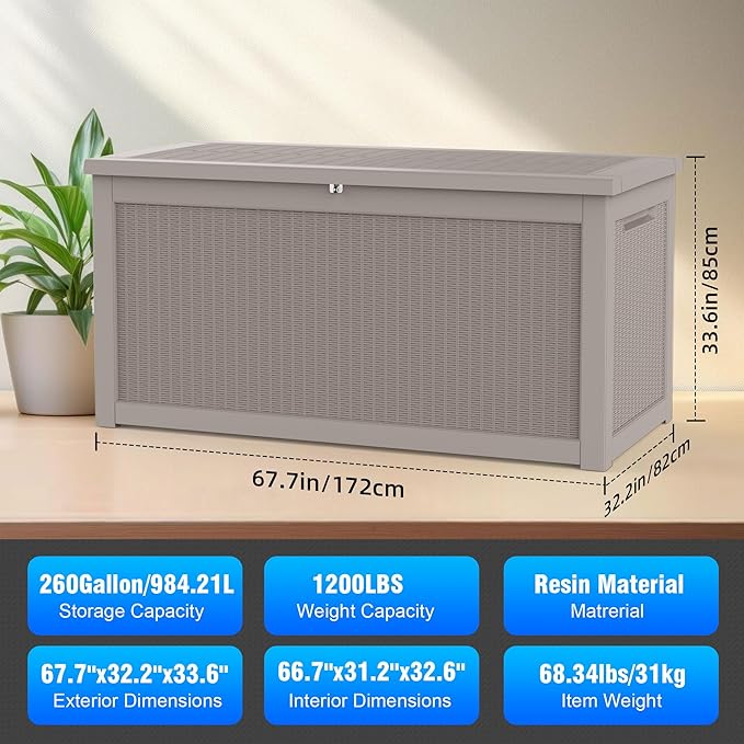 260 GallonOutdoor Storage Box,Resin Deck Boxes Waterproof, IndoorOutdoor Bin for Package Delivery, Patio Cushions, Gardening Tools, Lockable, UV Resistant