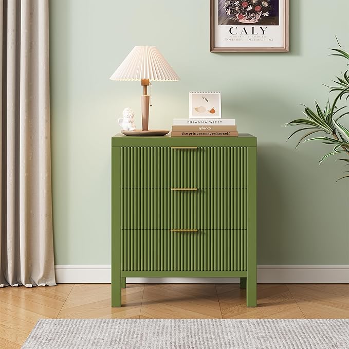 6 Drawer Dresser, Modern Wood Storage Chest of Drawers Organizer with Waveform Panel, Fluted Dresser with Wide Drawers and Golden Handles for Bedroom, Hallway, Entryway, (Green *2)