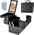 Makeup Train Case, Portable Makeup Case with Mirror, 2-Trays Cosmetic Organizer Case,Nail Polish Organizer, Travel Makeup Box, Profesional for Salon Barber, Black