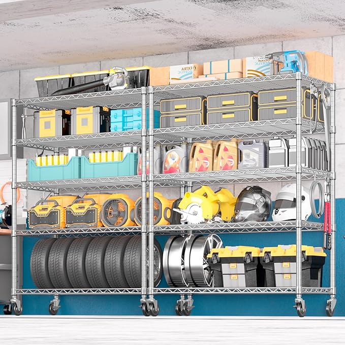 PrimeZone 5 Tier 48" Wx24''Dx81''H Wire Shelving with Wheels 3000lbs NSF Certified Storage Shelves Heavy Duty Metal Shelf Adjustable Rolling Rack Commercial Garage Restaurant Warehouse Chrome 3Pack
