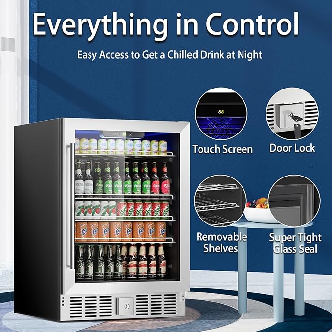 166 Can Mini Fridge - 5.3 Cu.Ft Beverage Refrigerator with Reversible Glass Door for Soda Wine Beer, Adjustable Temperature Control for Home Office Bar, Black(40-61 ℉)