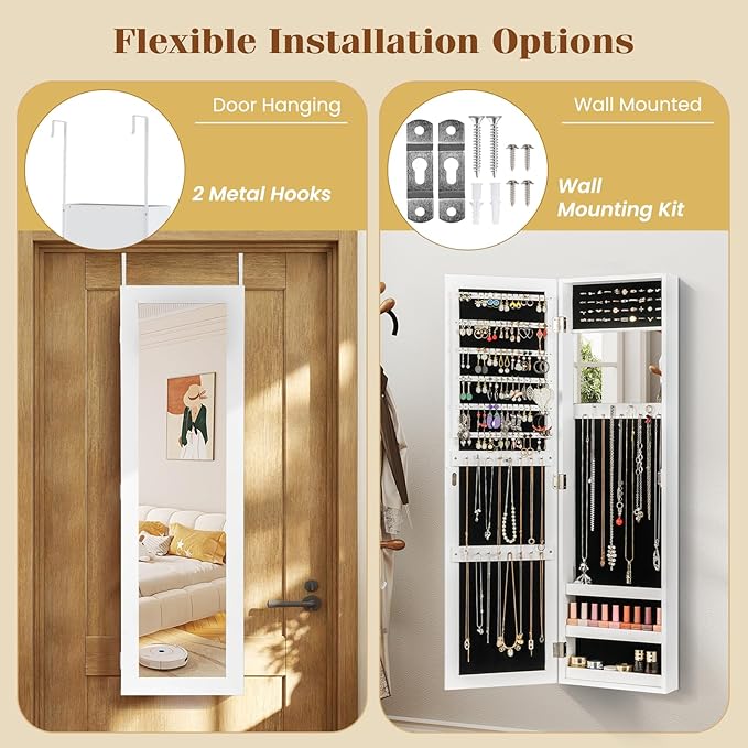 COSTWAY Full Length Mirror Jewelry Cabinet, Wall Door Mounted with Makeup Mirror, Ring Slots & Necklace Hooks, Large Storage Jewelry Armoire for Bedroom, Dressing Room (White)
