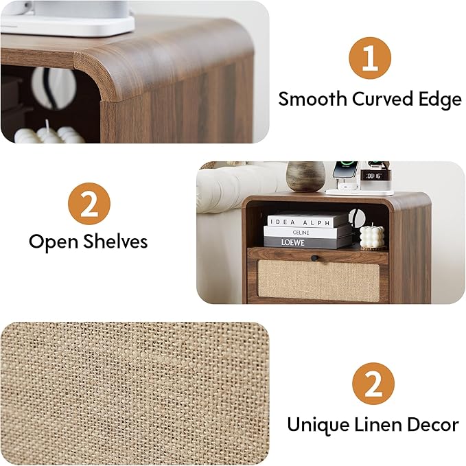 Modern Night Stand with Charging Station and 2 Drawers, Wooden Side Table Curved Nightstands with USB/Type-C Ports, Large Mid Century End Table for Living Room, Bedroom, Nature Linen, Walnut
