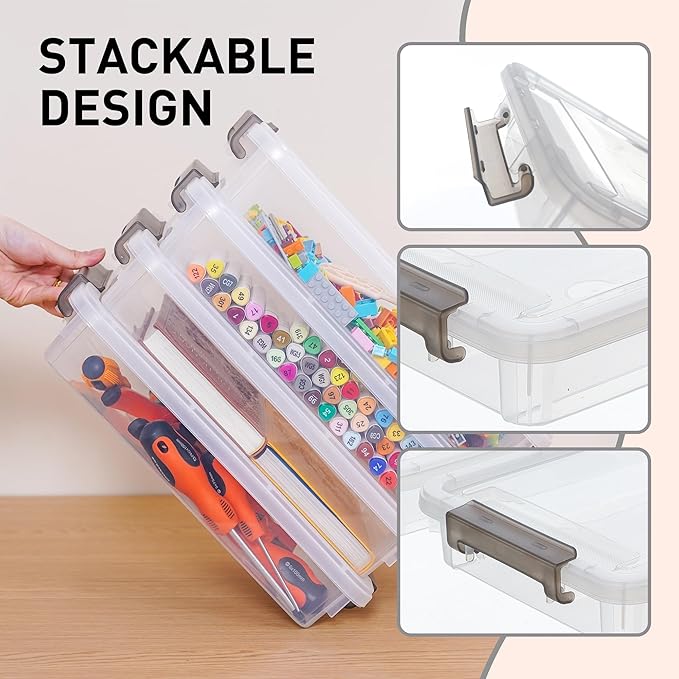 Citylife 6 PCS Clear Plastic Container Clip Box with Latching Lids, Stackable Document Paper Protectors Organizer Container for Office, Home, and School Supplies