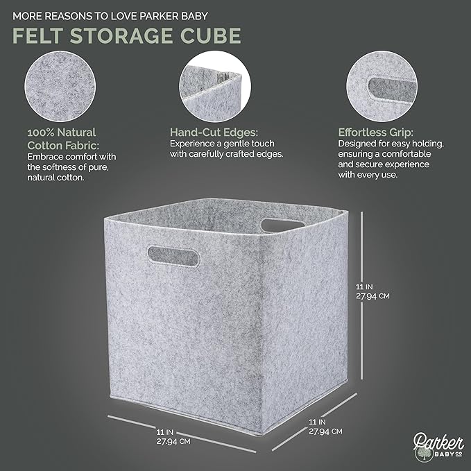 Parker Baby Felt Foldable Storage Cube - 11 Inch Nursery Cubby Bin for Cube Organizer, Closet Organizers and Storage Toy Bin, Rope Baskets Bins for Toy’s Storage - Gray