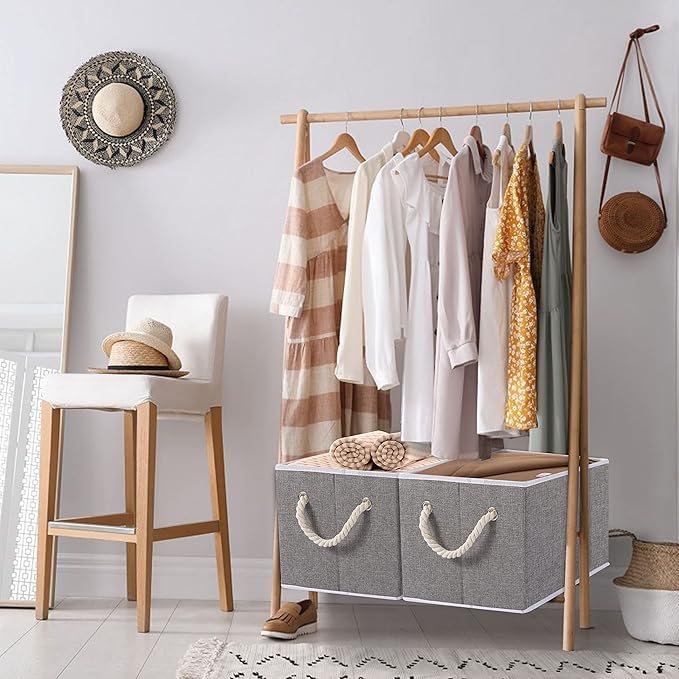 Yawinhe Foldable Storage Basket 3-Pack, Large Fabric Bins with Rope Handle, Used for Organizing Shelves, Closets, Clothes, 12.99''Lx9.05''Wx7.87''H, Grey
