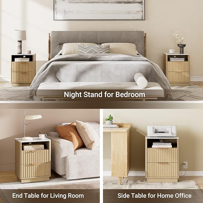 Fluted Night Stand Set 2 with Charging Station, 18" Mid-Century Modern Nightstand with Faux Marble Top, 2 Drawers End Table with Storage for Bedroom Living Room, Curved Profile, Natural Oak