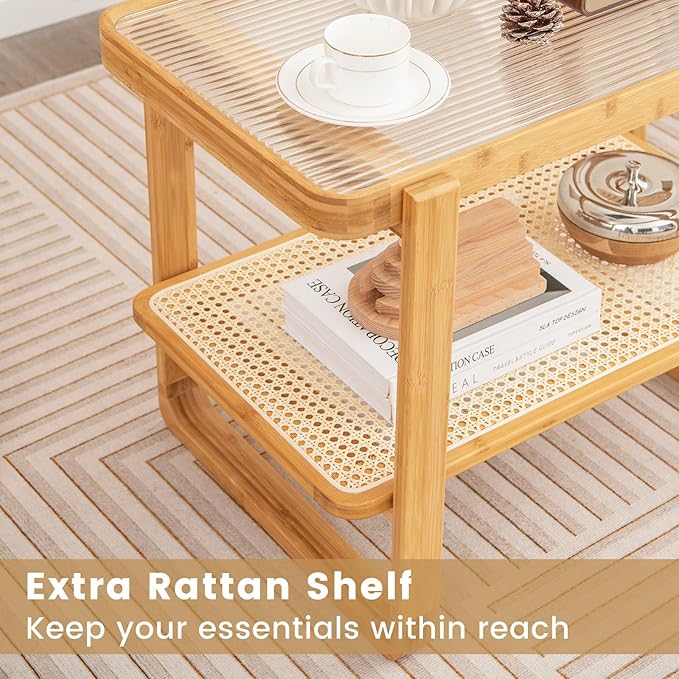 GOFLAME Bamboo Side Table Set of 2 with Glass Top, 2-Tier End Table with PE Rattan Shelf, Ideal for Bedroom, Living Room