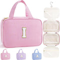 TOPEAST Travel Toiletry Bag for Women - Hanging Toiletry Bag Initial Makeup Bag, Portable Toiletries Cosmetic Bag, Airplane Travel Essentials - Letter I, Pink