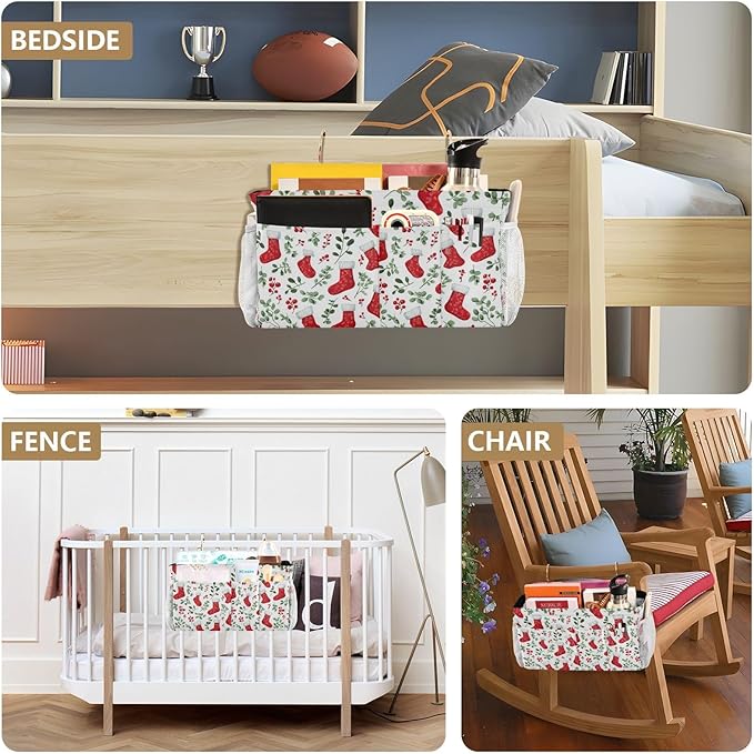Red Stockings Holly Christmas Bedside Caddy for Dorm Bed Bedside Hanging Caddy Bag Iron Frame Storage Organizer Pocket for Bunk Home College Hospital Beds 2 Hooks