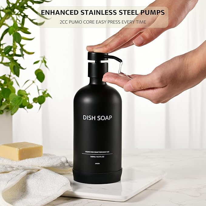 Glass Kitchen Soap Dispenser Set with Ceramic Tray,16.9 floz Hand and Dish Soap Dispenser for Kitchen and Bathroom Decor (Black Bottles +Black Pumps)