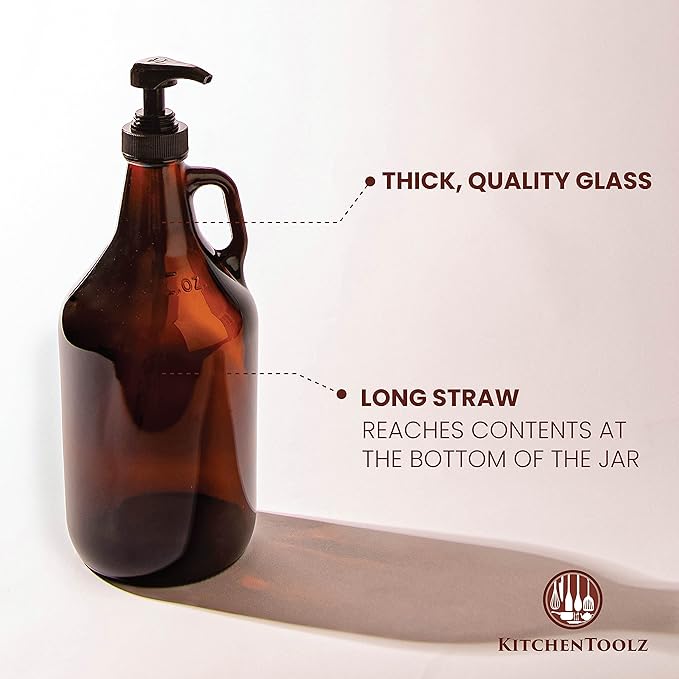 Large Amber Pump Bottle for Salons, Shampoo, Conditioner, Hair Serum, Gel - Half Gallon Glass Jug Pump Dispenser - 64 oz Capacity - Pack of 1- by Kitchentoolz