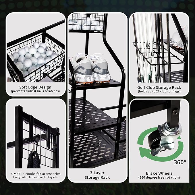 Heavy-Duty Golf Storage Rack for Garage – Holds 2 Golf Bags – Freestanding Organizer with Shelves, Club Stand, Hooks & Basket – Perfect for Shed, Backyard, Home Simulators, Basement