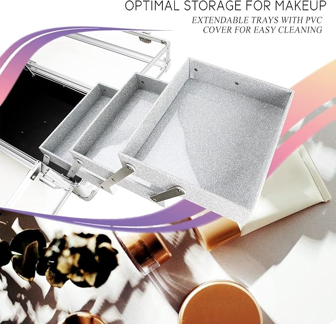 Ver Beauty Makeup Train Case 14 inch Armored Acrylic Large Portable Cosmetic Case 6 Trays Professional Storage Organizer Box Make Up Artist Jewelry Nail Kits Crafts Display Brush Holder- Silver