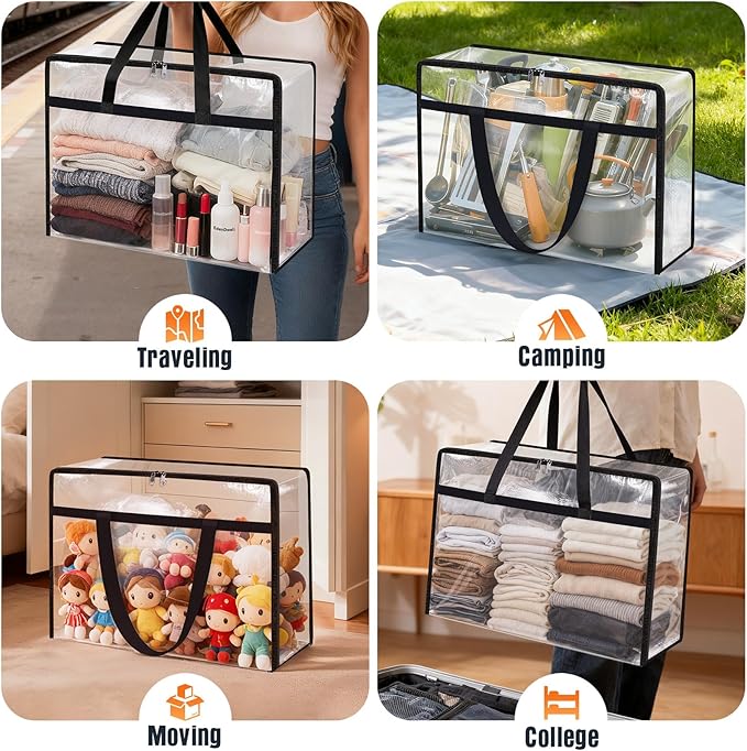 Clear Under Bed Storage Containers - 4 Pack Large Capacity Clothes Storage Bags with Lid & Sturdy Handles, Foldable Moving Bags, Clothing Organizer Totes for Bedding, Comforter, Sheet（40 L）