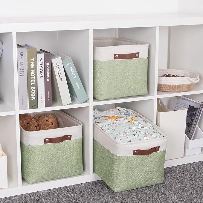 HNZIGE Storage Basket for Organizing Clothes(3 Pack) Decorative Storage Bins for Shelves Toys, Fabric Canvas Bins Storage Organizer with Handles(Gray&Green,15" X 11" X 9.5")