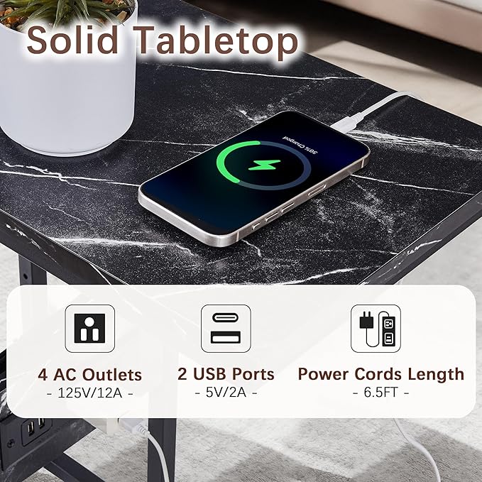 VECELO C Shaped End Side Table with Charging Station & Power Outlets for Couch Sofa/Bed, Snack TV Tray with Metal Frame for Living Room Bedroom 1 PCS, Black Marble
