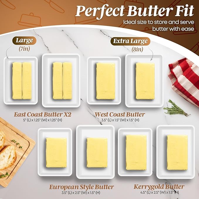 Flexzion Ceramic White European Butter Dish with Lid for Countertop (Large) - Wide 2 Stick Double Butter Holder for Counter, Cream Cheese Container Storage Keeper