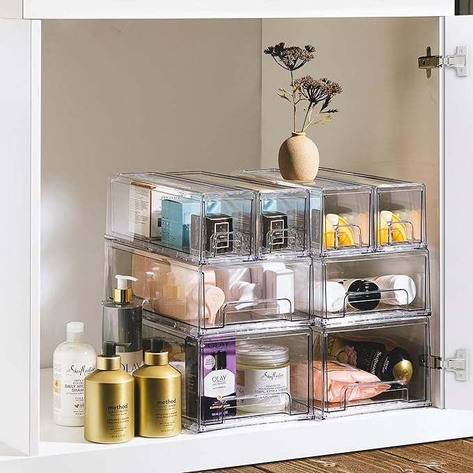 Sorbus 1 Medium & 2 Small Clear Stackable Storage Drawers – Plastic Organizer Bins with Handles – Stackable Pull-Out Storage Drawers for Closet, Pantry, Office, Bathroom, Craft, and Toy Organization