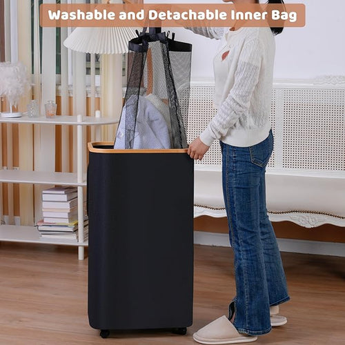 110L Laundry Basket with Wheels,Clothes Hamper for Laundry,Laundry Hamper with Lid and Inner Bag, for Laundry Room, Bedroom, Dormitory Storage,Black