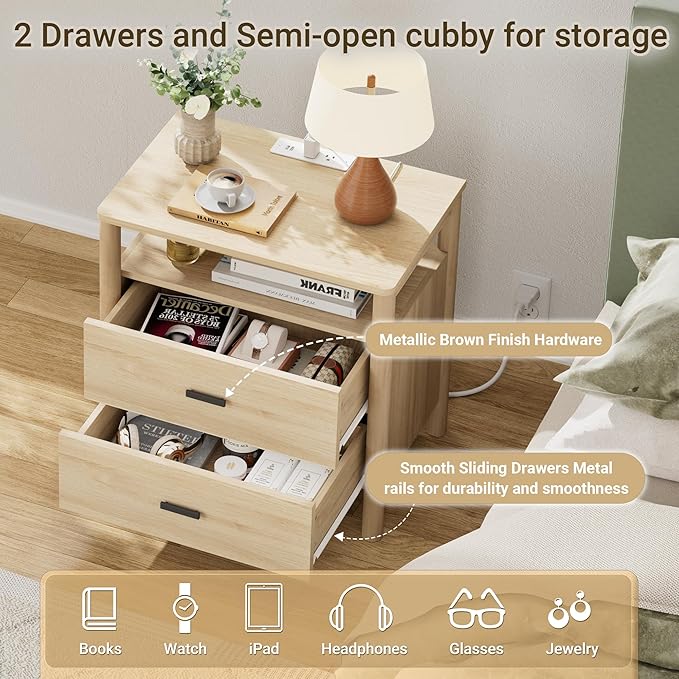 Night Stand Set of 2 with Charging Station, 24" Large Modern Side Table with Solid Round Post Legs, 2 Drawers End Table with Open Shelf, Nightstand for Bedroom, Natural Oak