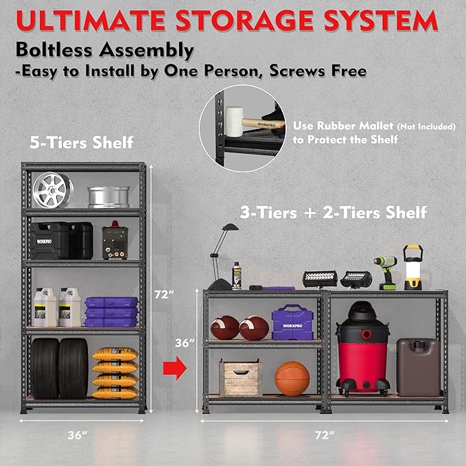 WORKPRO 5-Tier Metal Storage Shelving Unit, 36”W x 18”D x 72”H, Adjustable Storage Rack Heavy Duty Shelf with Particle Board, 4000 lbs Load Capacity (Total) for Garage Warehouse, Pack of 10