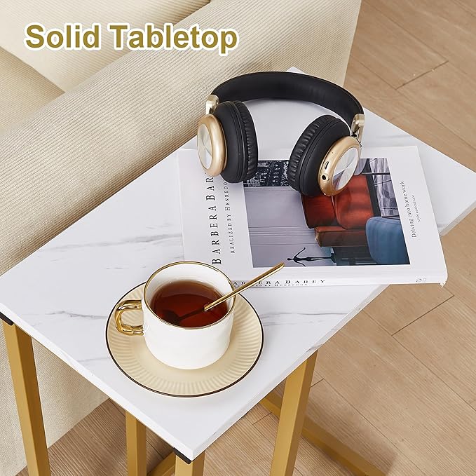 VECELO C Shaped End Side Table for Sofa Couch and Bed Snack TV Tray for Living Room Bedroom, 2 PCS, Gold