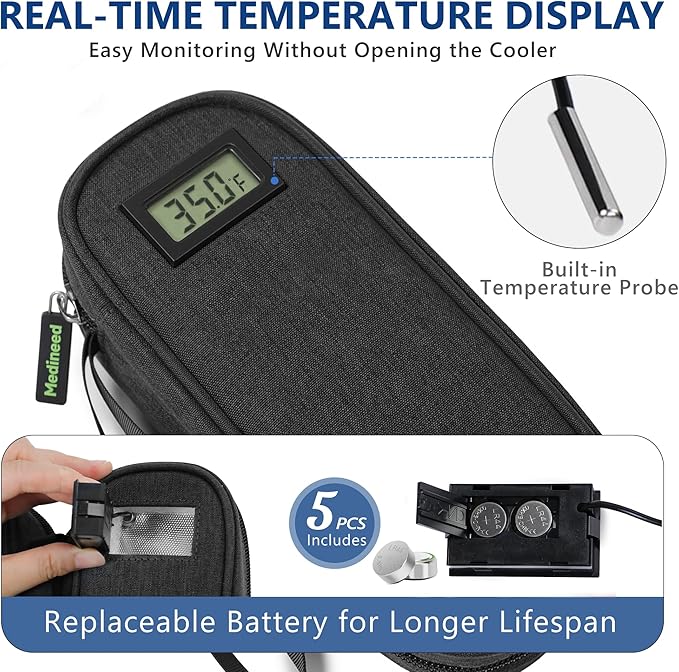 Insulin Cooler Travel Case TSA Approved with Temperature Display – Diabetic Medication Travel Case with 2 × 90g Ice Packs, Portable Medicine Organizer for 3–4 Insulin Pens and Diabetic Supplies(Black)