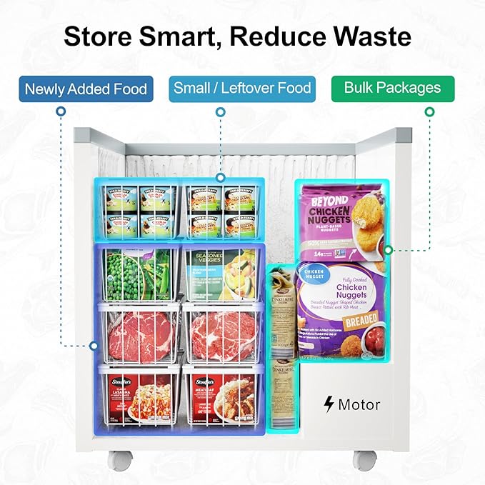 iSPECLE Deep Freezer Organizer Bins - 4 Pack Small Stackable Freezer Baskets for 7 Cu.ft Chest Freezer, Easy Access Food No More Digging, Sturdy Metal Metal Wire Basket Not Scratch Bottom, White