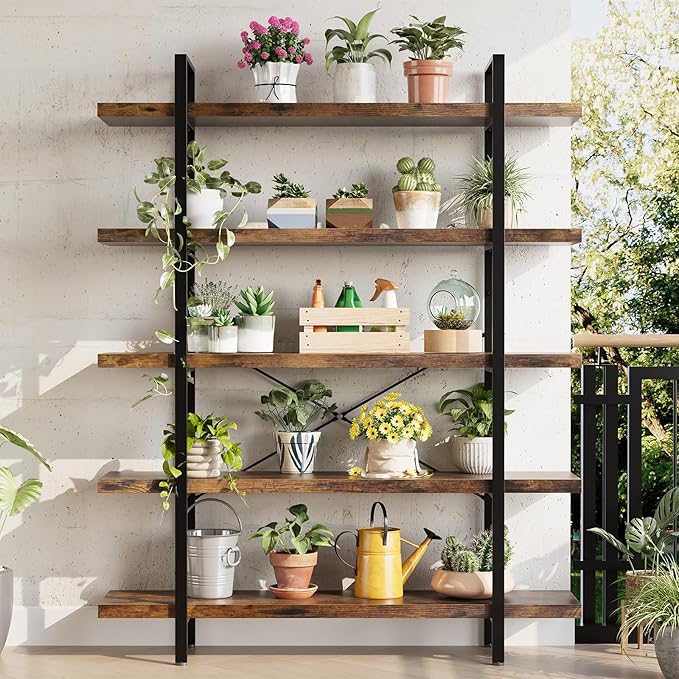 Bookshelf Set of 2, Heavy Duty 5-Tier Industrial Bookcase, 47" Wide Wood Bookshelf for Home Office, 120lbs Shelf Capacity, Rustic Open Display with Horizontal Shelf for Living Room Bedroom