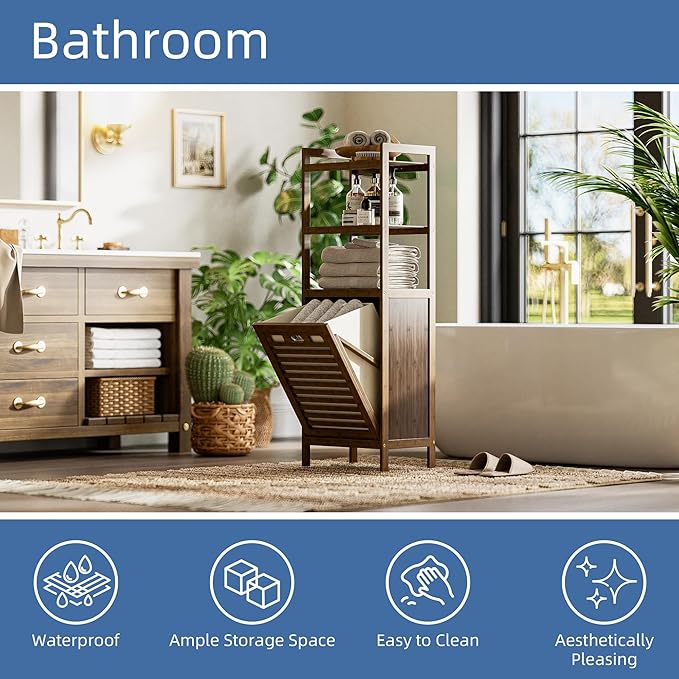 HITNET Bamboo Tilt Out Laundry Hamper, Bathroom Storage Cabinet with Hidden Removable Basket and 3 Open Shelves, Space Saving Bamboo Storage for Clothes, Towels and Toys, Walnut