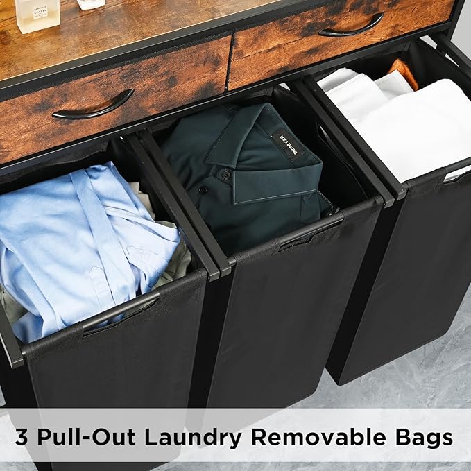 Laundry Sorter 3 Section, 180L Laundry Hamper Basket with Shelf and 2 Drawers, 3 Compartment Clothes Storage Organizer Cart, Pull-Out Removable Oxford Fabric Bags, Rustic Brown and Black