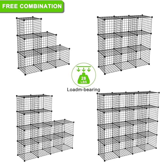 TUMUCUTE Wire Storage Cubes, Metal Storage Shelves Bookshelf, Stackable Modular Closet Organizer for Bedroom Living Room, Office, Black (12 Cubes, Iron)
