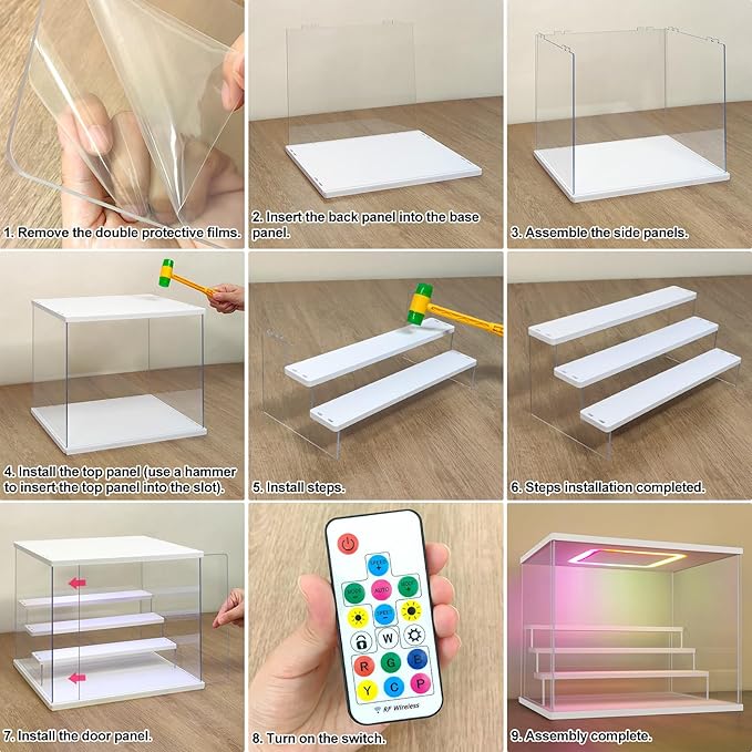 NONEMEY Clear Acrylic Display Case with Light ,3/4/5/6 Tier Multiple Color Lights via Remote Control Dustproof Display Box for Collectibles Figures Mini Toys (4Tier 12.4*9.6*10.4inch)