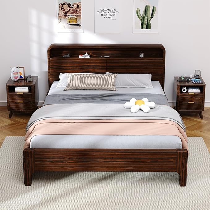 Nightstand with Charging Station, Fluted Nightstand with LED Lights, Modern Rustic Side Table with 2 Storage Drawers, Wooden End Table for Bedroom, Walnut