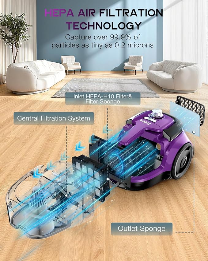 Zefiro Canister Vacuum Cleaner, Bagless Canister Vacuum for Home, Powerful Suction, Auto Cord Rewind, HEPA Filter, Corded Vacuum for Hard Floors, Carpet, Pet Hair, Apartment/Rental Friendly(Purple)