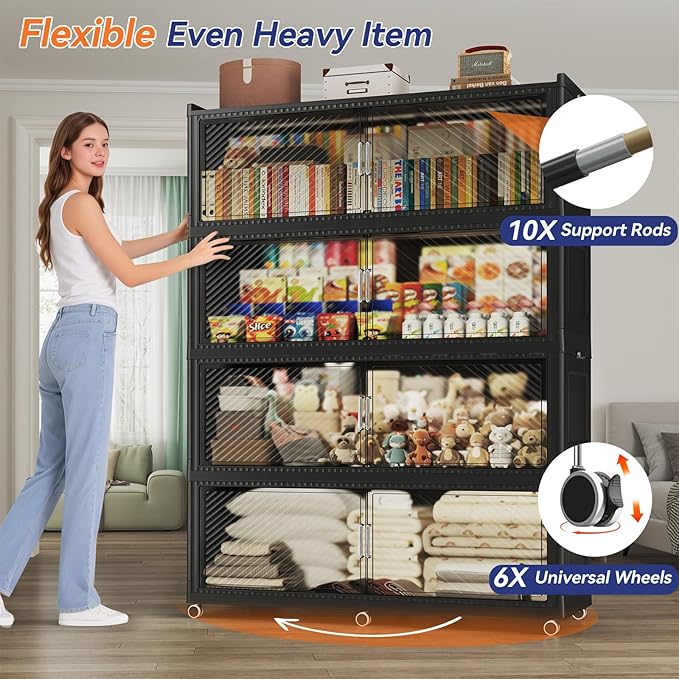 320 Gallon Extra Large Collapsible Storage Bin with Lid, 960QT Stackable Plastic Organizer with 6X Wheels, Foldable Drawer Cabinet for Closet, Living Room Office, Kitchen 4Pack, Black