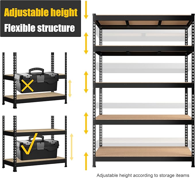 PrimeZone 47" W x 23.6" D x 71" H Large Heavy Duty Storage Shelves - 4 Pack 5 Tier Adjustable Garage Storage Shelving, Metal Storage Utility Rack Shelf Unit for Warehouse Pantry Closet Kitchen, Black