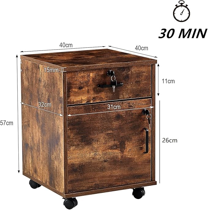 File Cabinet with Lock and Drawer, Mobile Under Desk Storage Cabinet with 360° Swivel Wheels, Wooden Filing Cabinet File Organizer for Legal/Letter/A4 Documents, Home Office Filing Cart (Brown)