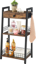 3-Tier Ladder Shelf with Drawer, Bathroom Stand Floor Storage Shelf, Freestanding Tower Shelf Ladder Table for Living Room, Bedroom -Rustic Brown