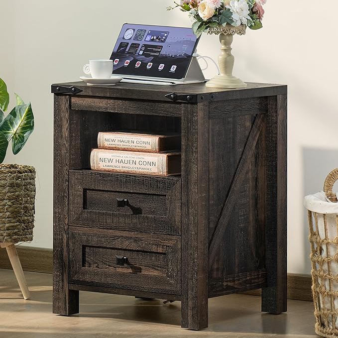 Nightstand with Charging Station and USB Port, Farmhouse Side End Table with 2 Drawers and Shelf Storage, Wooden Sofa Table, Bedside Cabinet for Bedroom, Living Room, Closet, Office (Dark Oak)