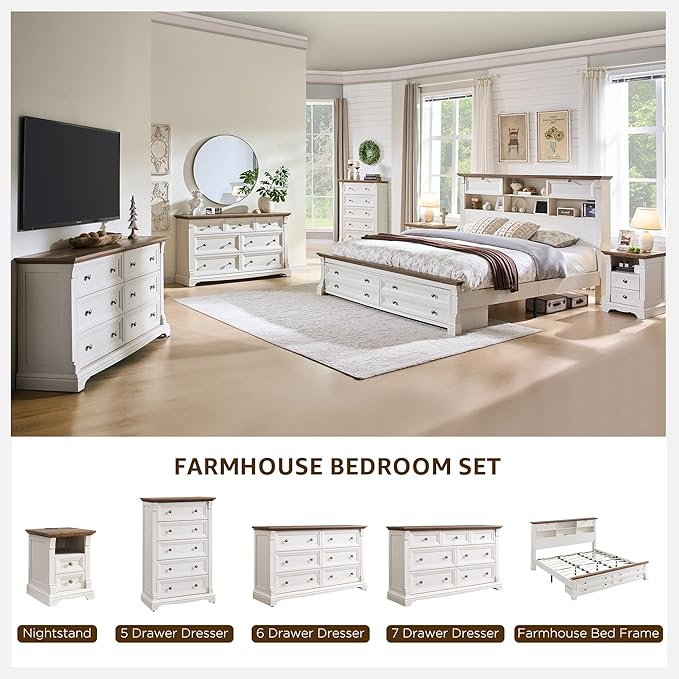 T4TREAM Farmhouse 7 Drawers Dresser for Bedroom, 54" Wide Wood Rustic Chest of Drawers w/Roman Column, Wooden Storage Dressers Organizer for Bedroom, Living Room, Closet, Antique White