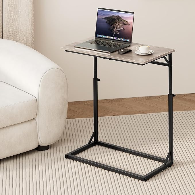 Vagusicc C Shaped End Table, 33.5"Tall Side Table for Couch, C-Table Sofa Table Adjustable Height Side Table, Large Surface Slide Under Couch Table, Coffee Table TV Tray for Living Room, Bedroom, Grey