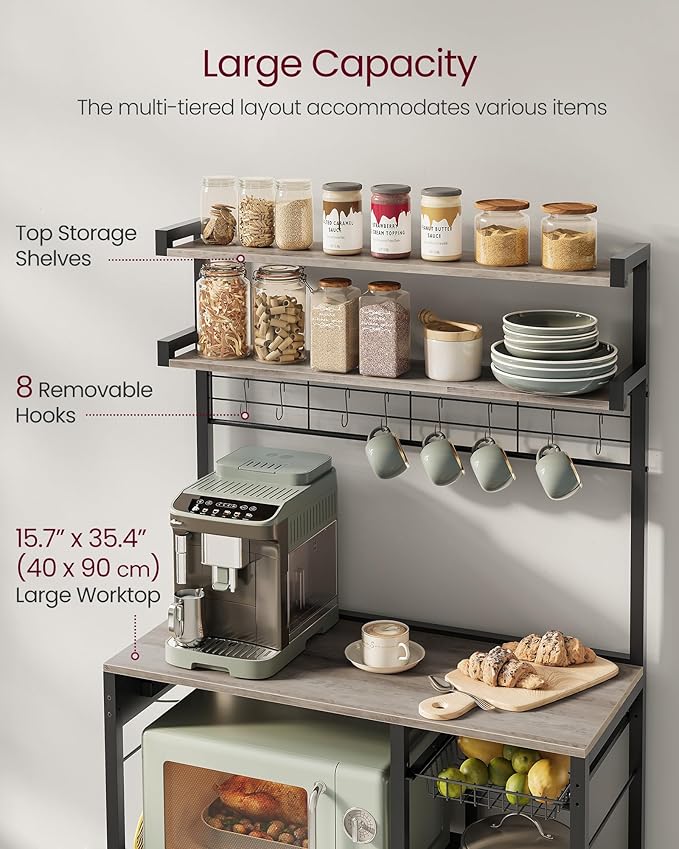 VASAGLE Bakers Rack with Power Outlet, 35.4 Inches Microwave Stand, Coffee Bar, 4 AC Outlets, with Adjustable Shelves, 8 S-Hooks, Basket, Spice Racks, Heather Greige and Ink Black UKKS031K02