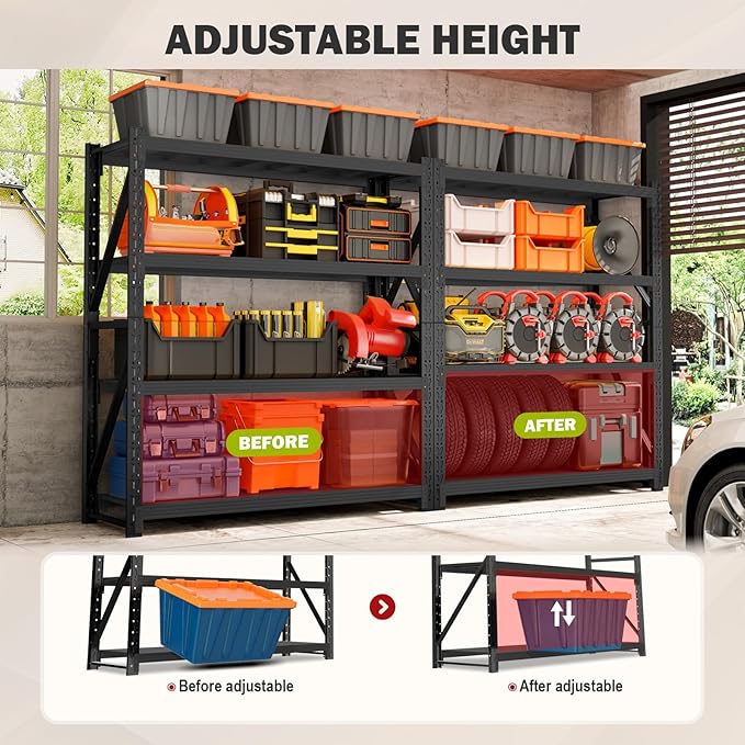 59” W Storage Shelves, 5000LBS Garage Shelving Heavy Duty, 4-Tier Adjustable Metal Storage Shelves, Steel Industrial Shelving Unit, Metal Shelving for Garage, Basement, Warehouse (Black, 59x24x79in)