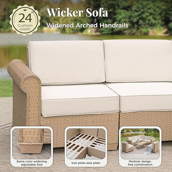 Patio Furniture Set, 7 Piece Outdoor Rattan Wicker Sectional Conversation Set with 5.5" Thick Waterproof Cushions and Coffee Table for Deck Backyar