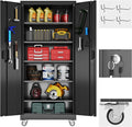 Metal Garage Storage Cabinet with Wheels & Pegboard, Lockable Metal Storage Cabinets with 2 Doors&5 Adjustable Shelves for Garage&Home,Assembly Required,Black 71''H x32''W x16''D
