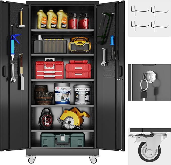 Metal Garage Storage Cabinet with Wheels & Pegboard, Lockable Metal Storage Cabinets with 2 Doors&5 Adjustable Shelves for Garage&Home,Assembly Required,Black 71''H x32''W x16''D