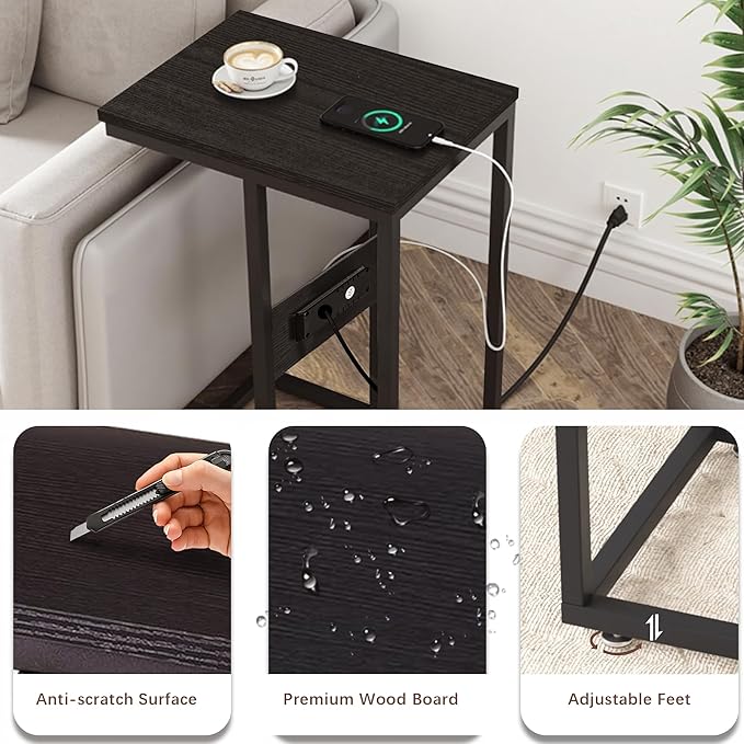 VECELO C Shaped End Side Table with Charging Station & Power Outlets for Couch Sofa/Bed, Snack TV Tray with Metal Frame for Living Room Bedroom 1 PCS, Black